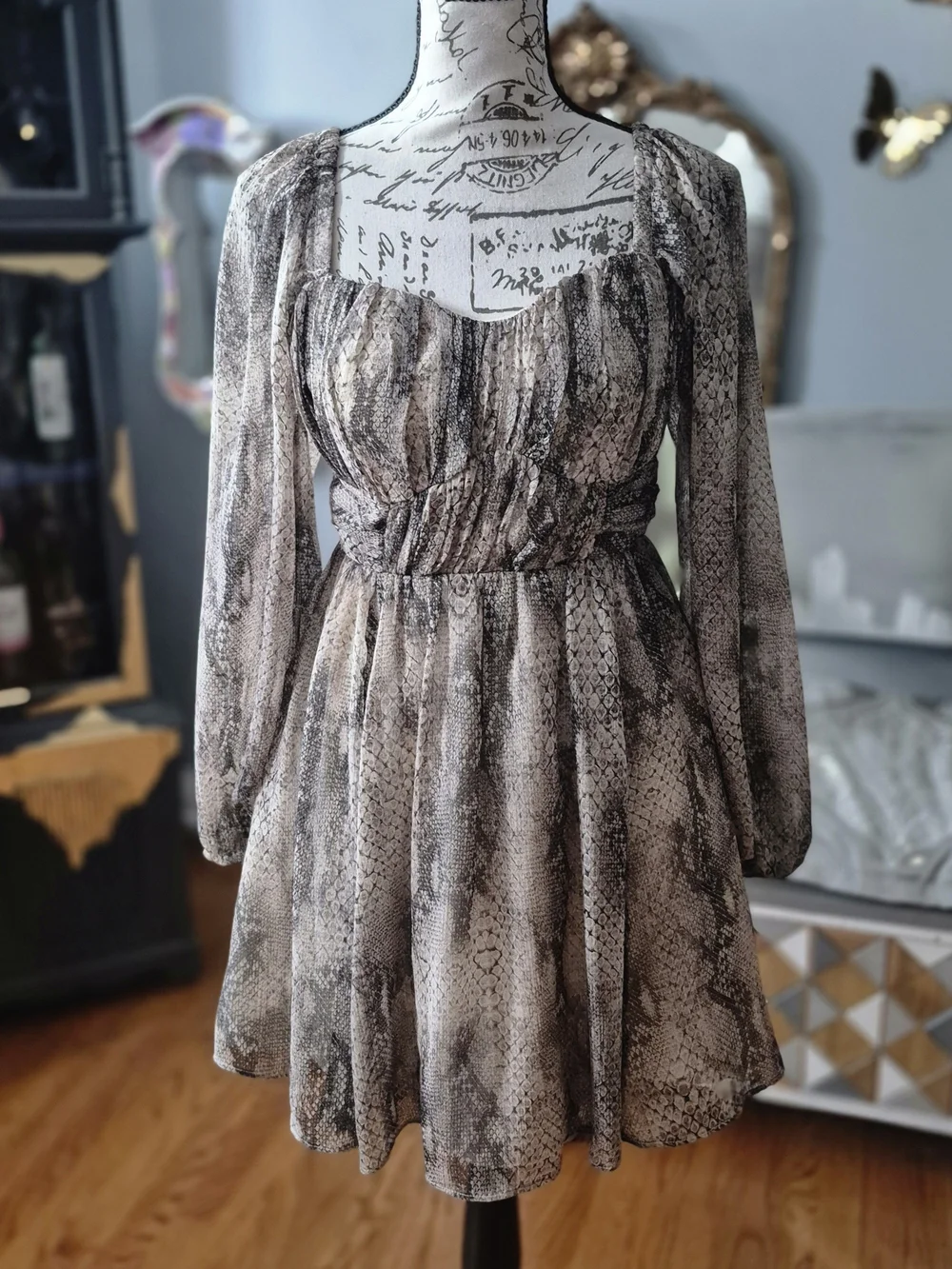 Express Babydoll Snake-Print Long Sleeve Mini Dress with Sheer Sleeves XS